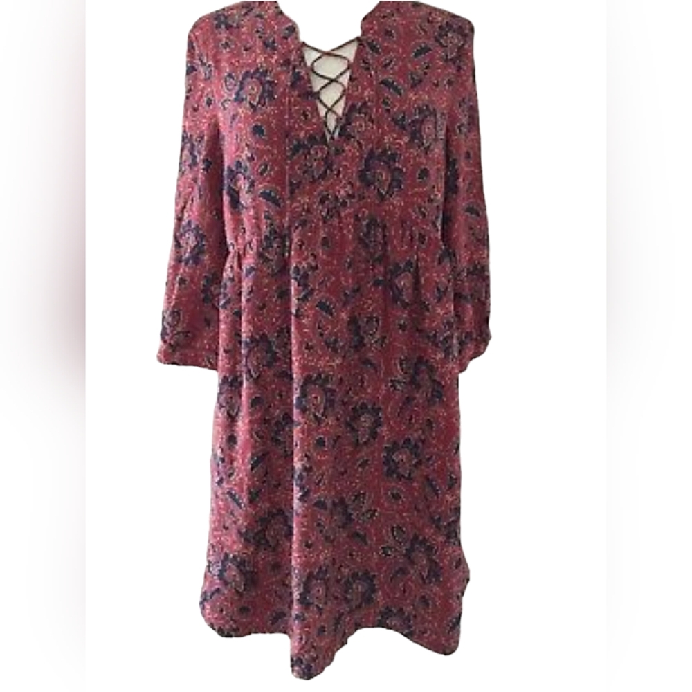Madewell Silk Assam Floral Babydoll Dress Rust Red, Black, Cream Size S Lined
